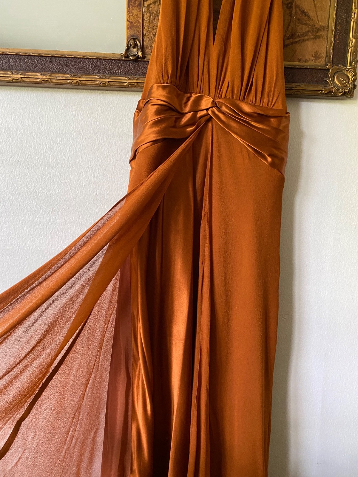 Vintage 100% Silk Burnt Orange Rust Halter Neck Chiffon Dress Boho Formal 6