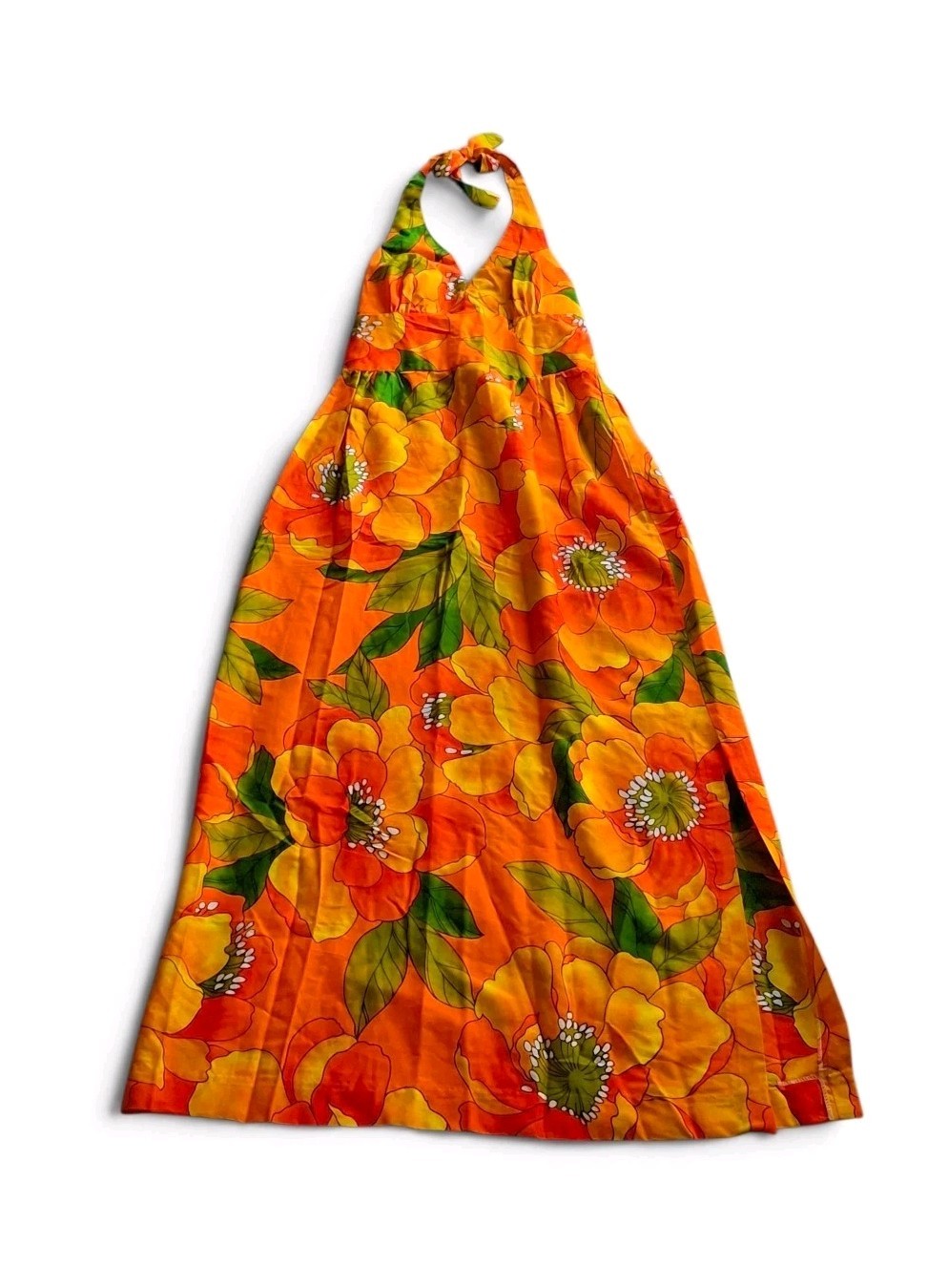 Vintage 1970s Sun Fashions of Hawaii Orange Tropical Floral Halter Maxi Dress |