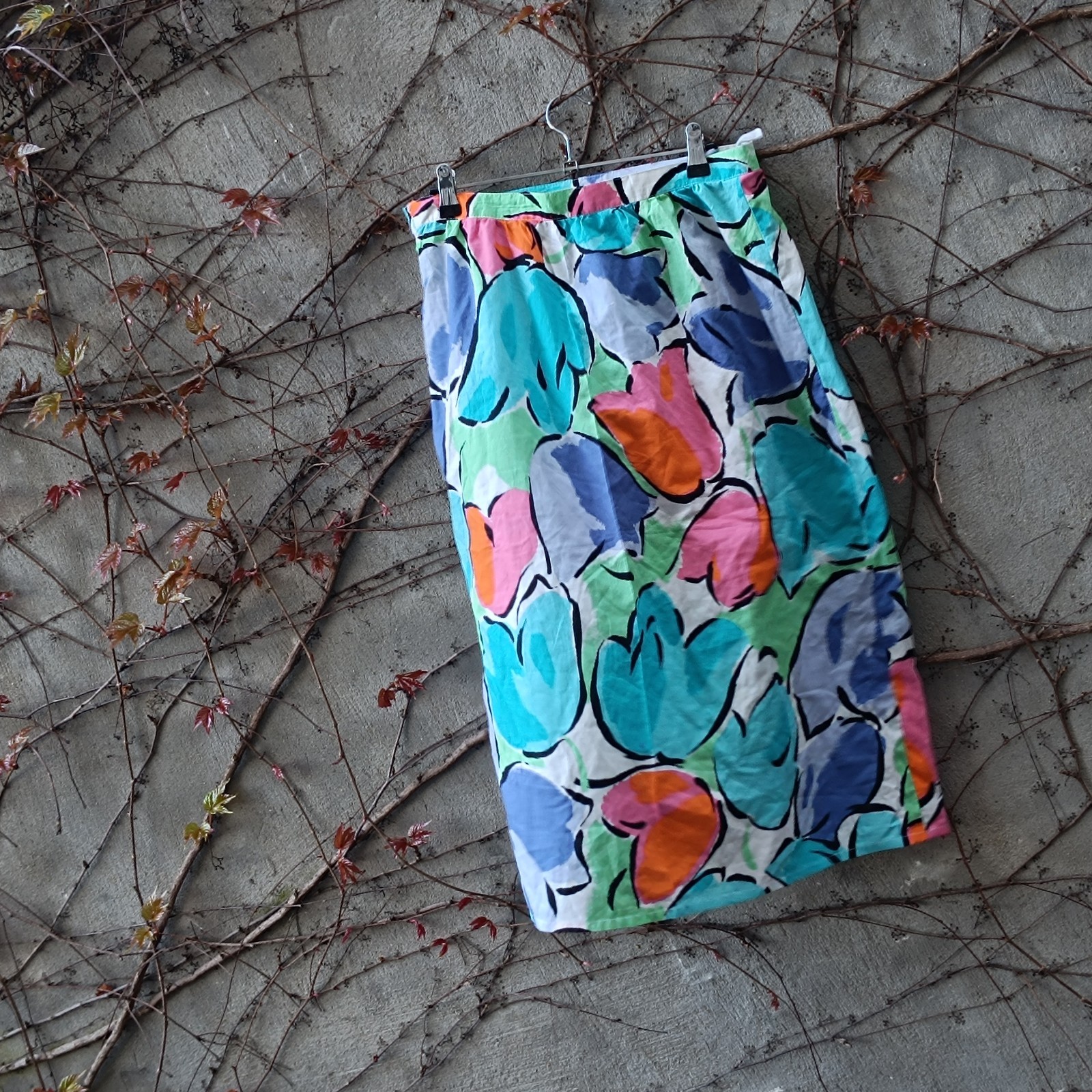 Vintage Midi Skirt Floral High Waist Cotton Multicoloured 70s A Line