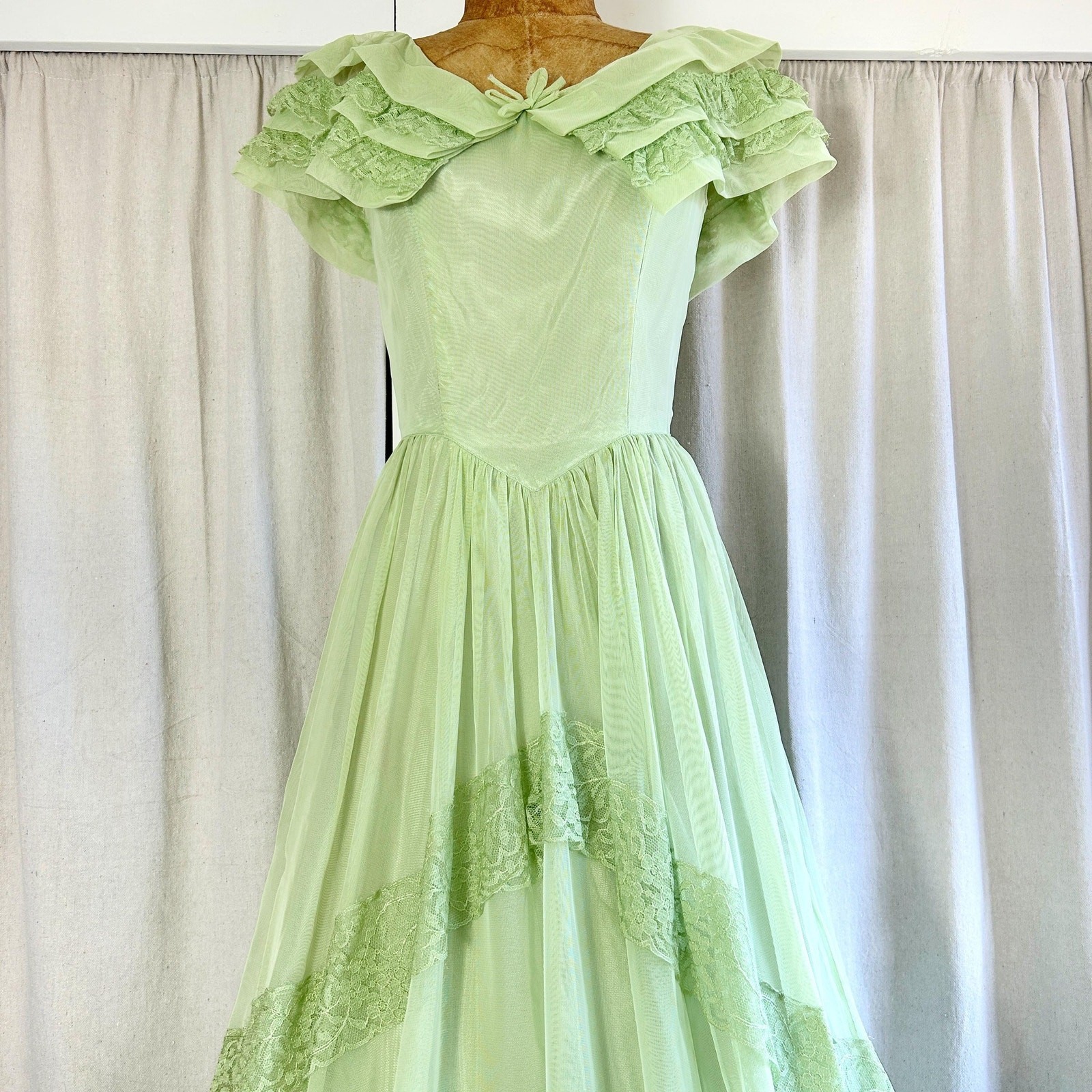 Vintage 50s Southern Belle Celery Green Lace Ruffled Hoop Skirt Gown, XS