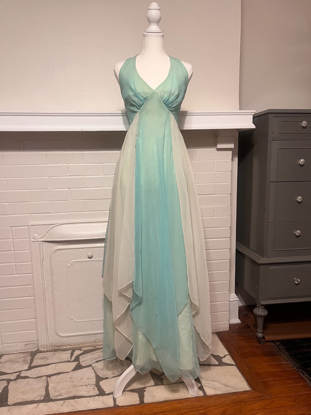 70s Vintage Mint/Seafoam Cocktail Hankerchief Asymmetrical Dress sz XS-S