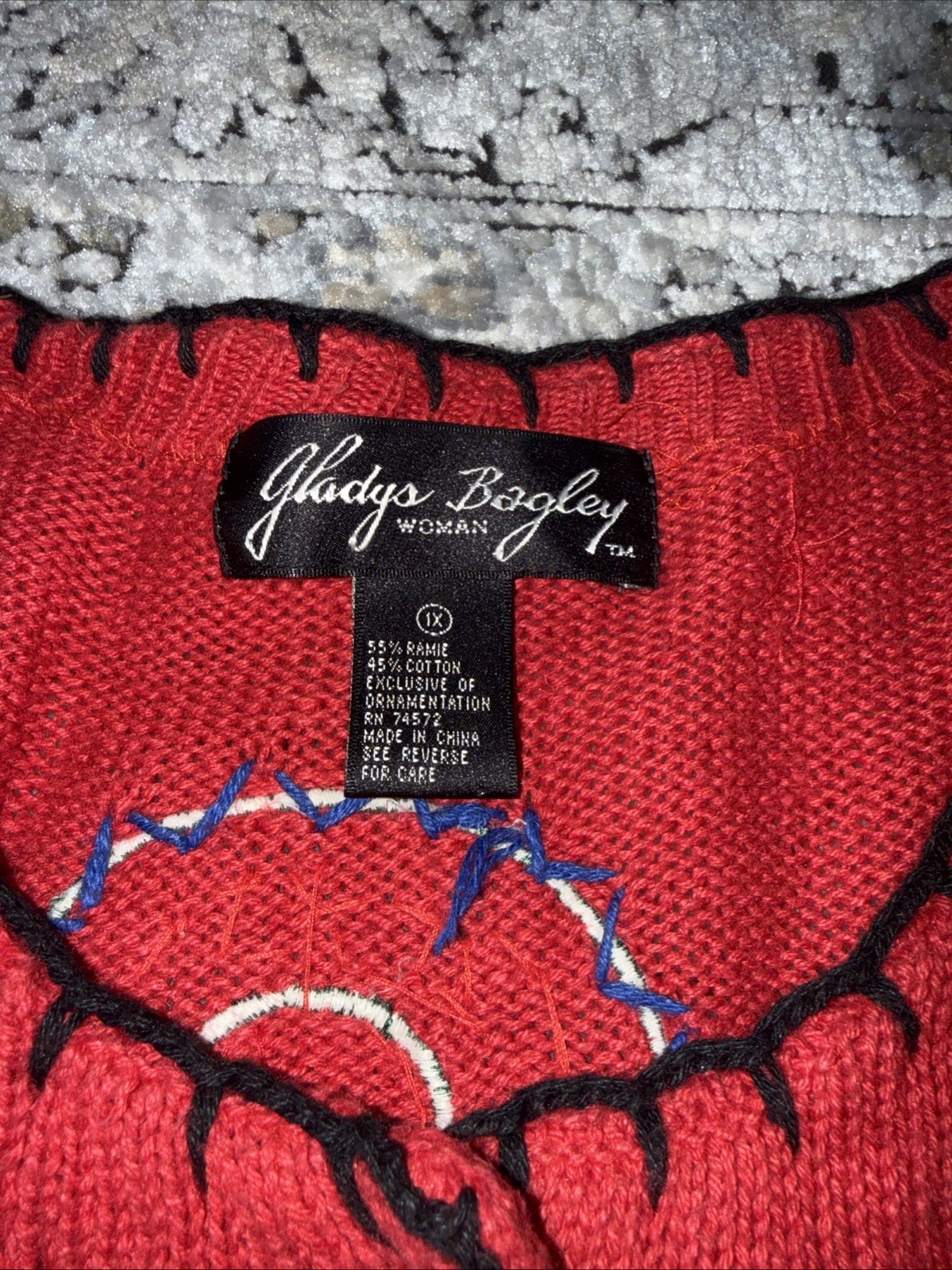 VTG Gladys Bagley Christmas Cardigan Knit SWEATER 1X Beads Rhinestone Embroidery