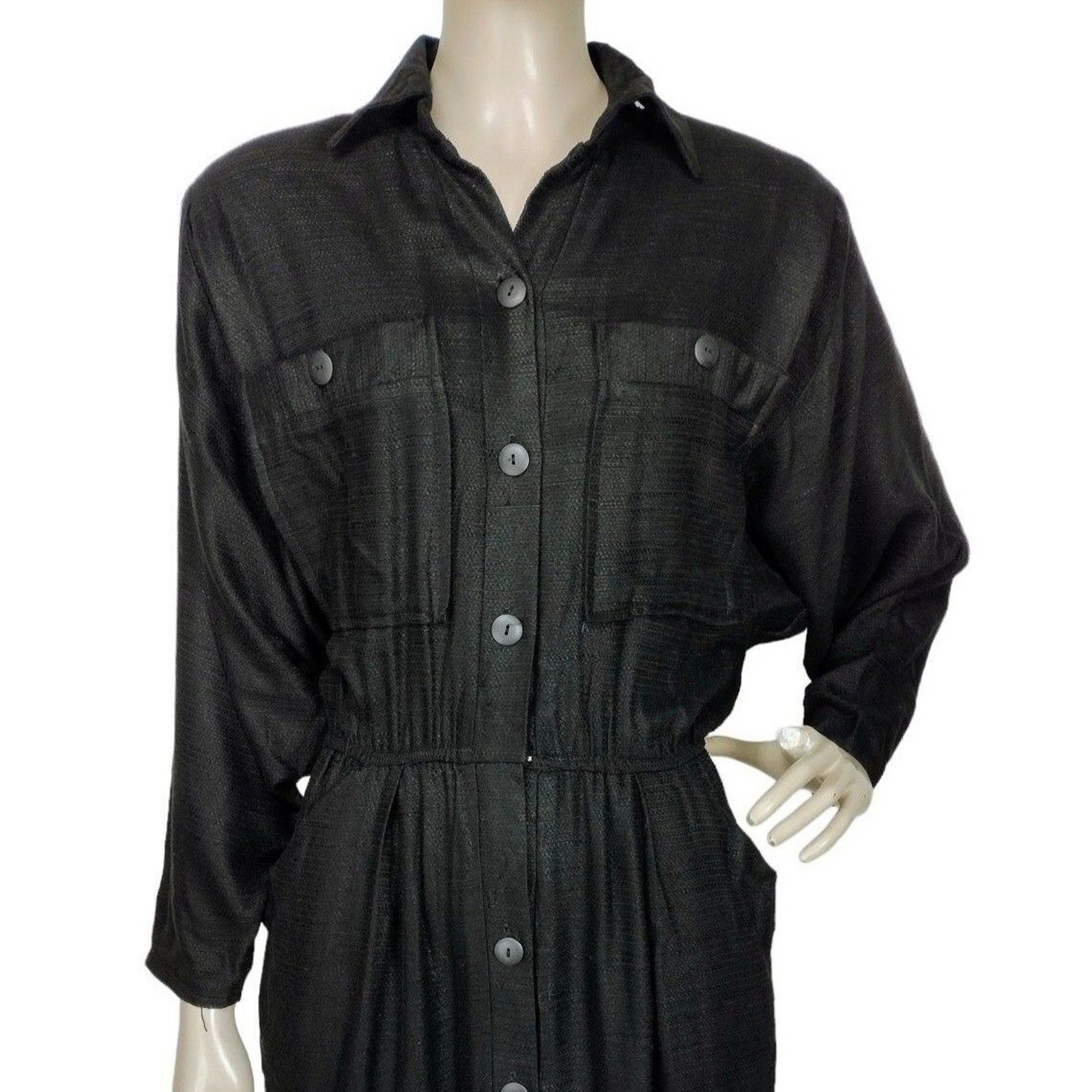 Vintage 80s Phoebe Black Textured Button-Down Batwing Sleeve Midi Wiggle Dress