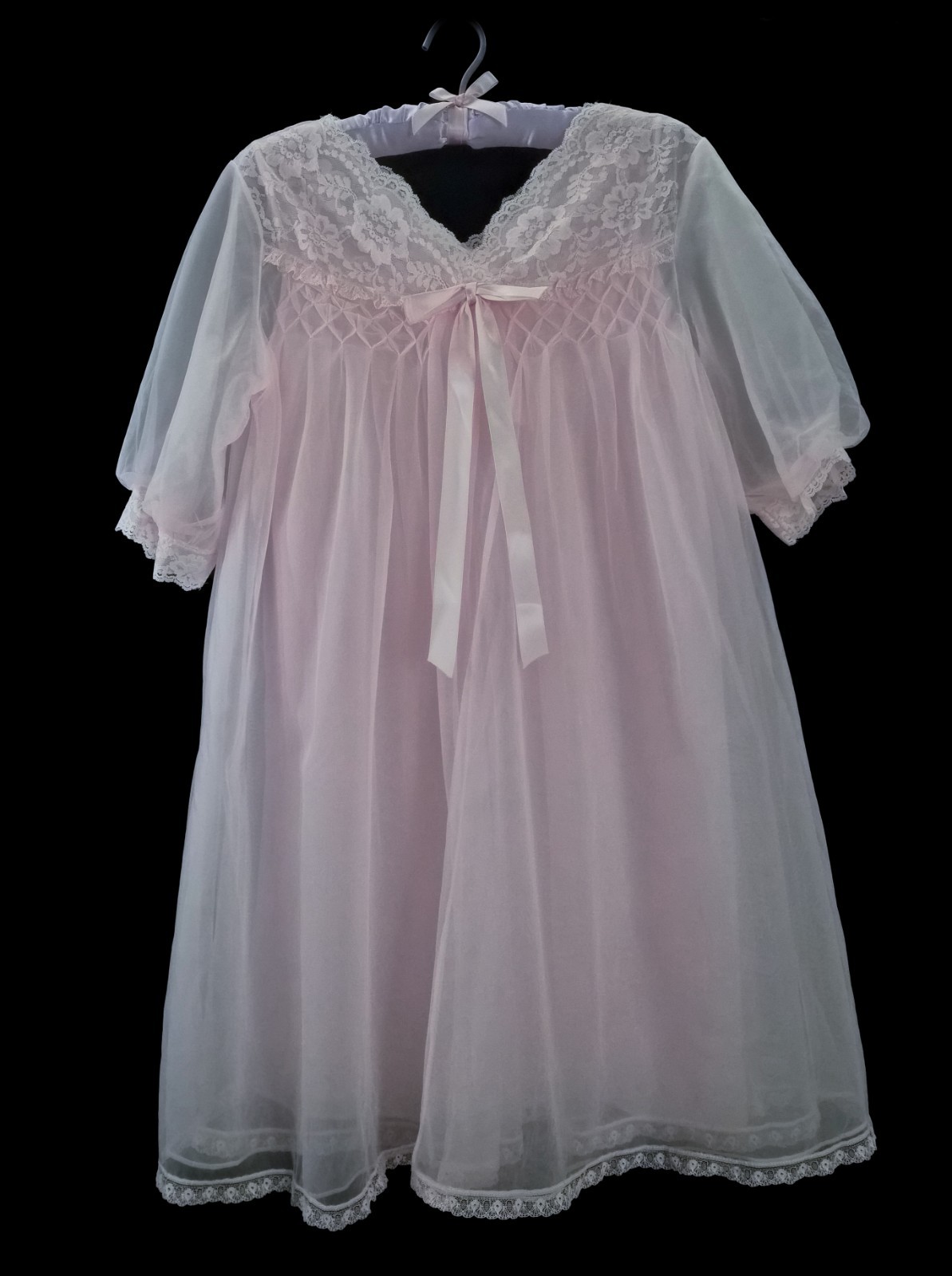 Vintage 2pc PINK Babydoll Nightgown PEIGNOIR Robe Set SHEER Chiffon LACE ~ M/L