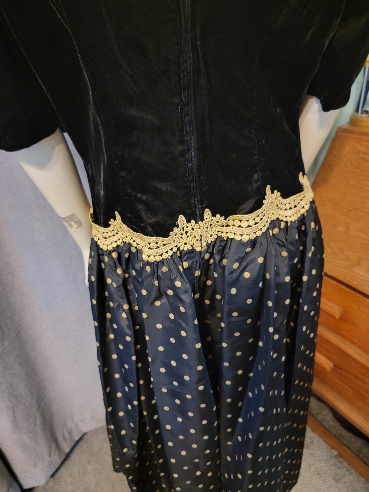 Vtg 80s Fairygoth Expo Night Black Velvet Gold Polka Dot Taffeta Festival Sz 14