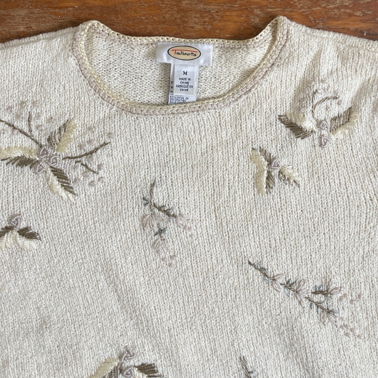 Vintage Floral Embroidered Sweater Size Medium 90s Cream Beaded Cotton/Ramie