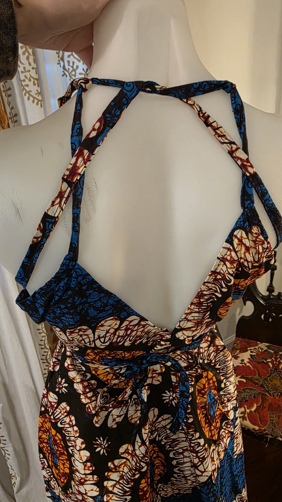 Handmade African Bombchel Multicolor Print Halter Maxi Dress Black Blue OS