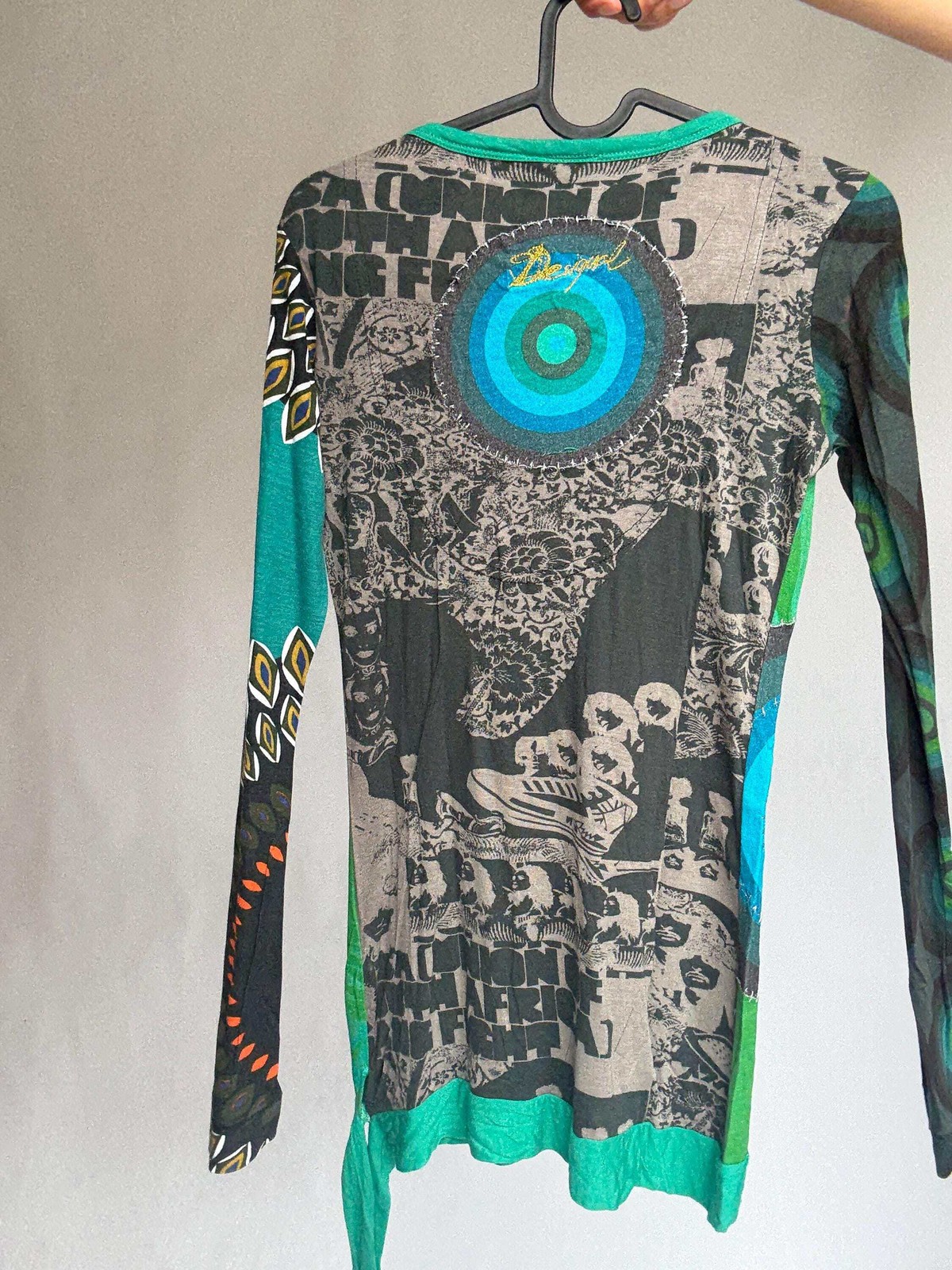 Desigual long sleeve green graphic blouse – bold print, tie waist detail – soft
