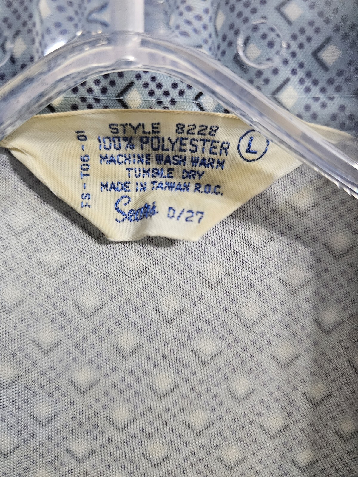 VTG 70s Sears Medium Geek Secretary Button Up Blouse Blue Geometric Print