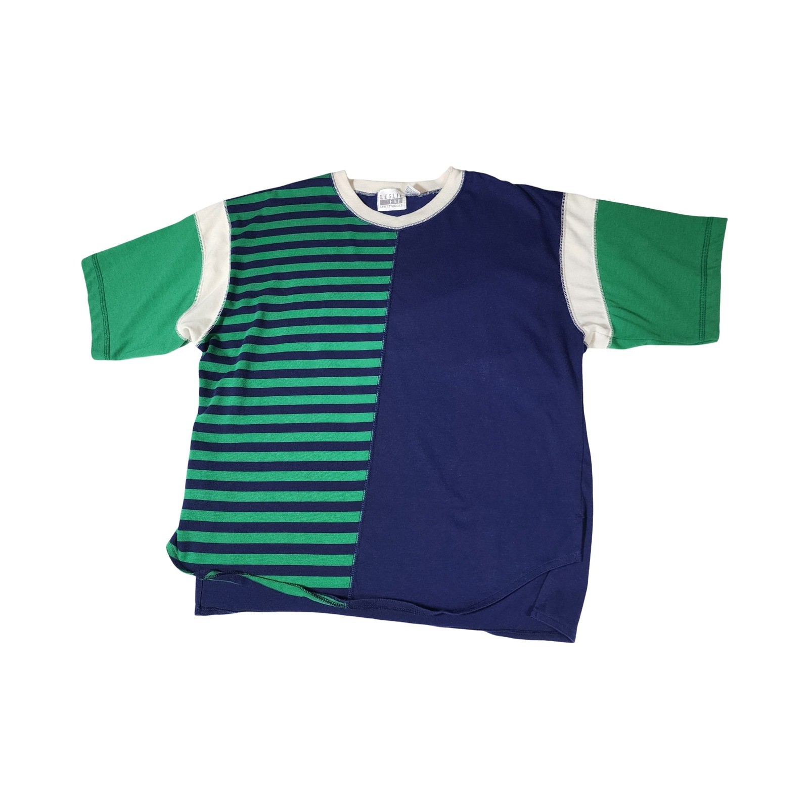 Vintage Leslie Fay Sportswear Colorblock Striped T-Shirt Navy Green Womens Small