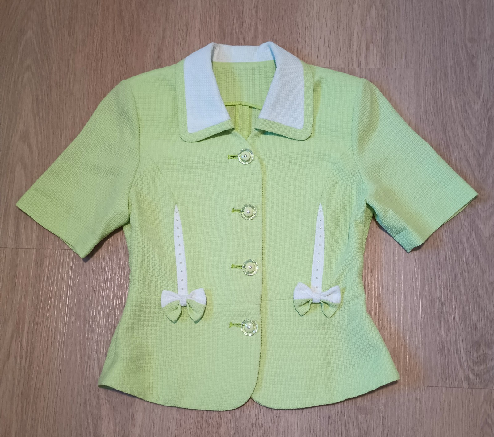 Vtg 60s Lime Green Twill Bowtie Rhinestone Pearl MOD Peplum Preppy career Top S
