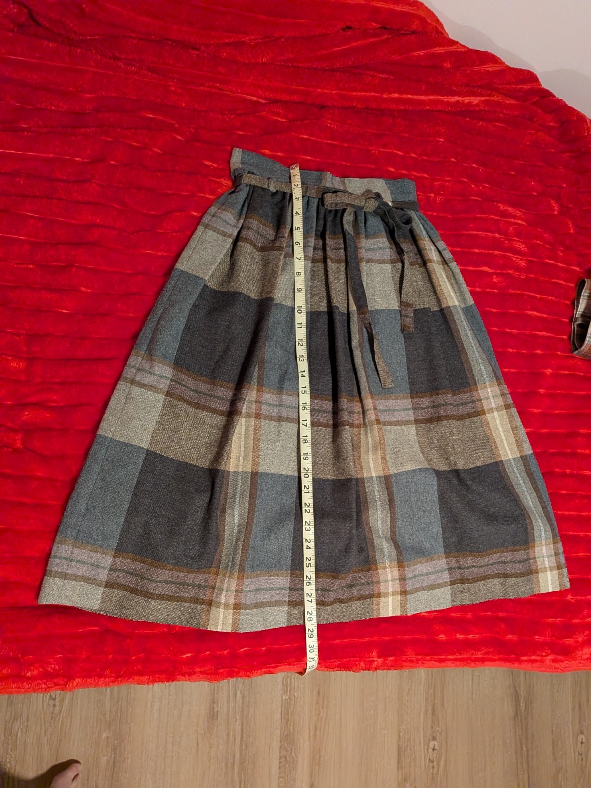 vintage wool blend plaid midi skirt set; Barclay Square, red black white brown