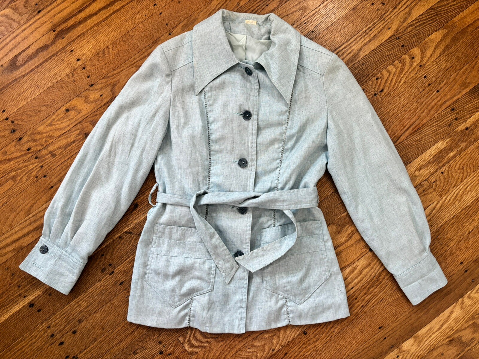 1960s Women’s Made JAPAN Light Blue Jacket,wide Collar.belt,small