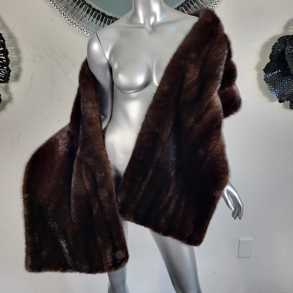 VINTAGE RANCH MAHOGANY BROWN GENUINE REAL MINK FUR STOLE WRAP COAT SHAWL