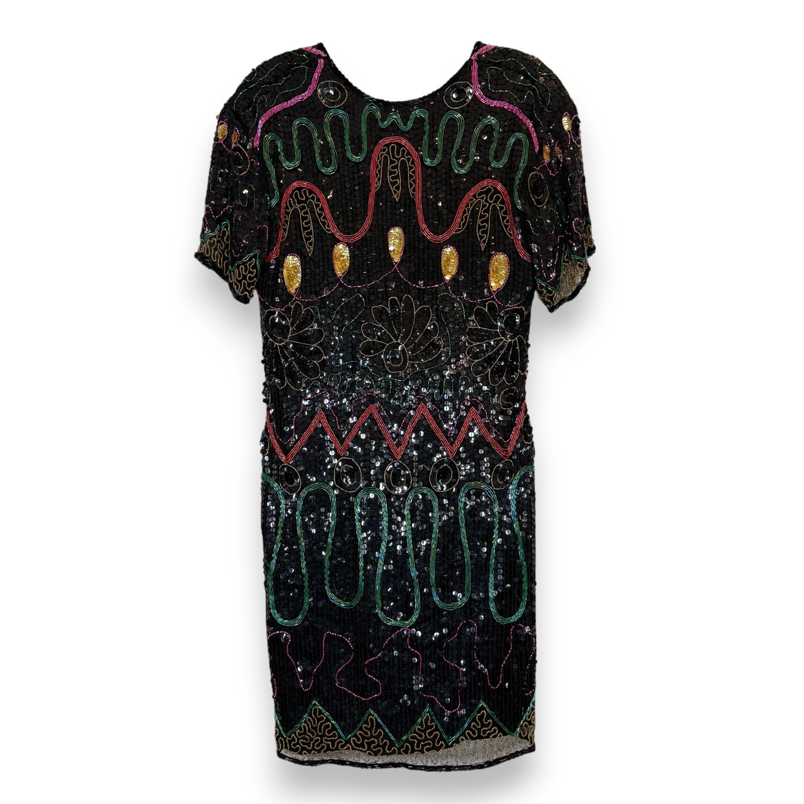 Vintage Sequin Beaded Dress Medium Silk Black 80s Backless Cocktail Party