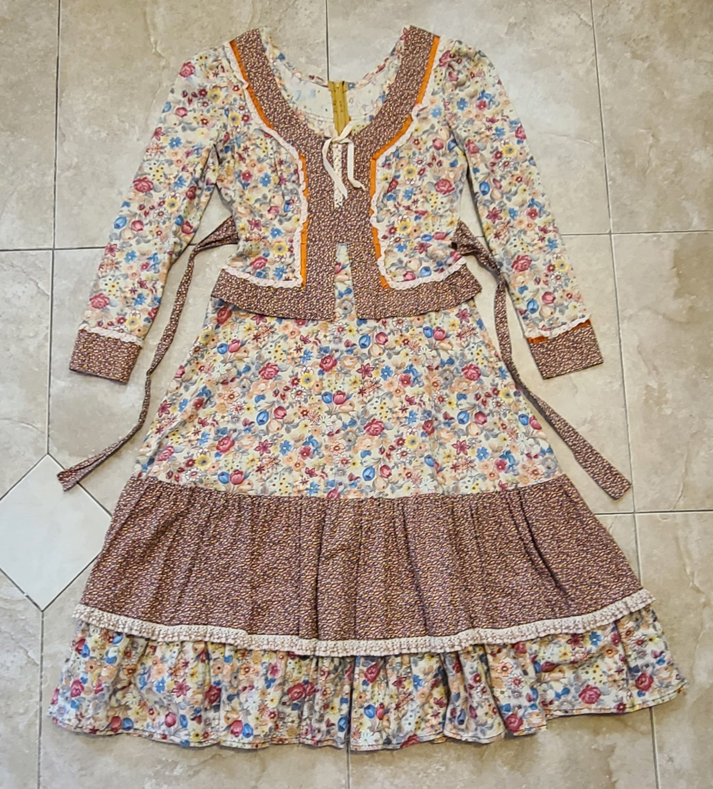 VTG 1970’s Handmade Prarie Dress Brown Floral Peplum Lace Up Bodice Women’s S