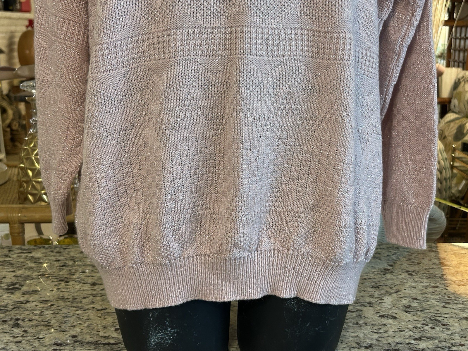 Vintage 80s 90s Dusty Rose Pink Shiny Silver Oversized Geometric Knit Sweater L