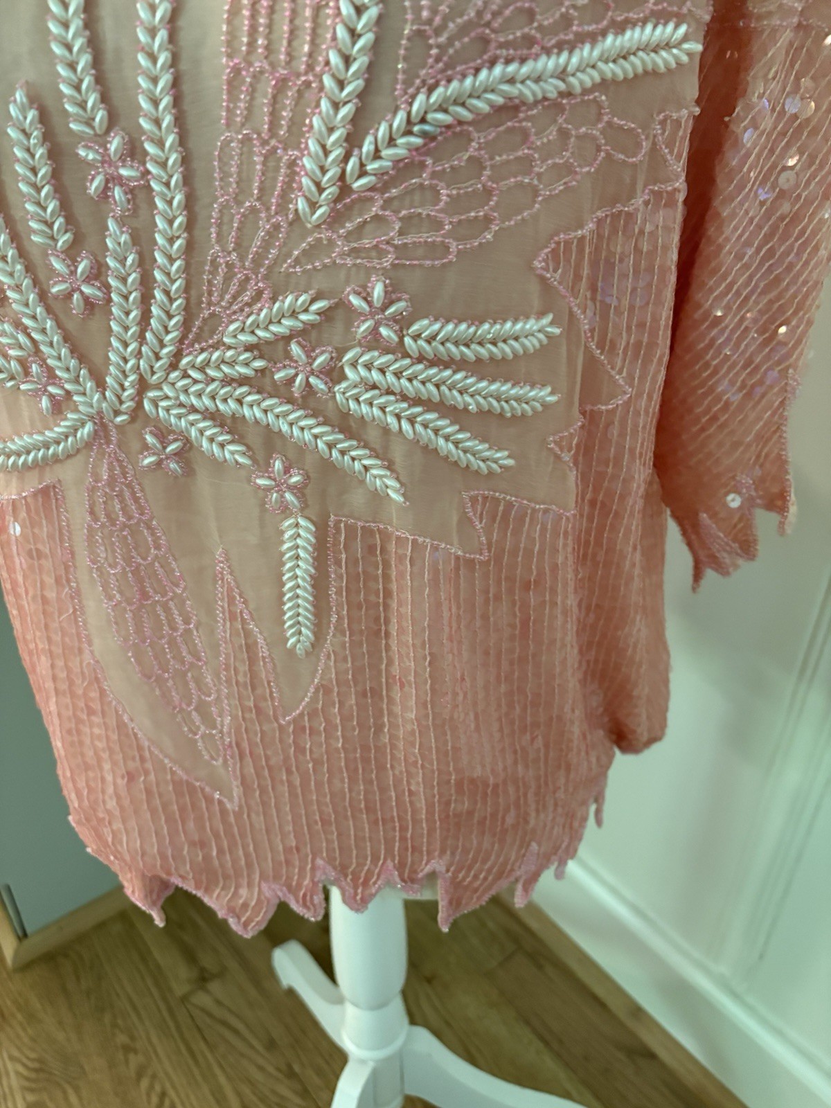 Vintage 80s Hand Beaded 100% Silk Top Pastel Pink Sequin. NWT!M Deadstock. India
