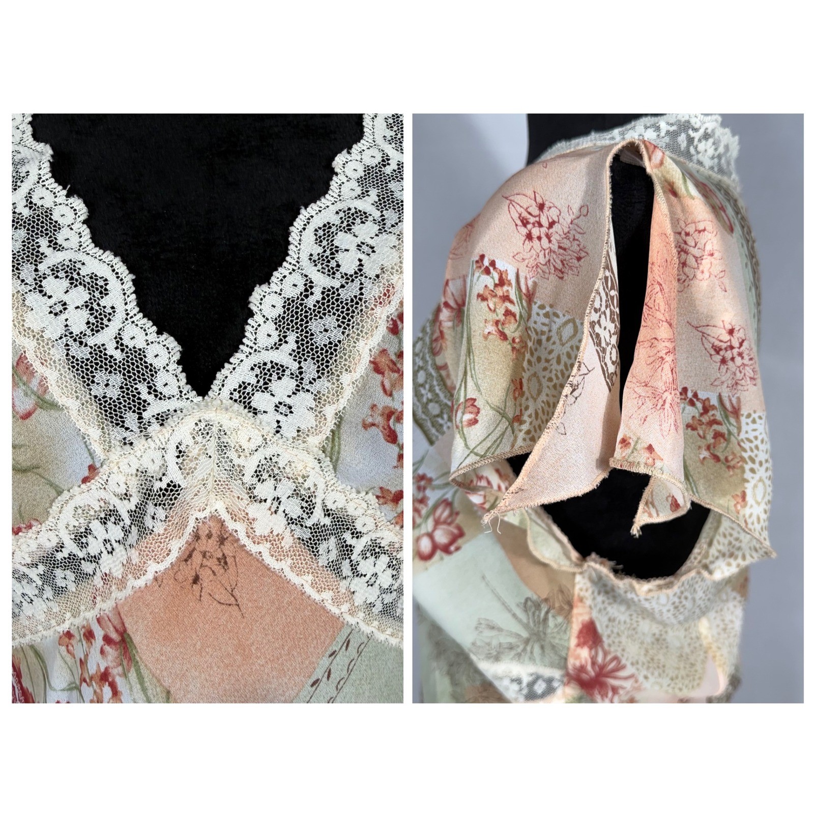 Vtg Y2K La Belle Floral Patchwork 2 Pc Set S/M Peplum Top Midi Skirt Pink Lace