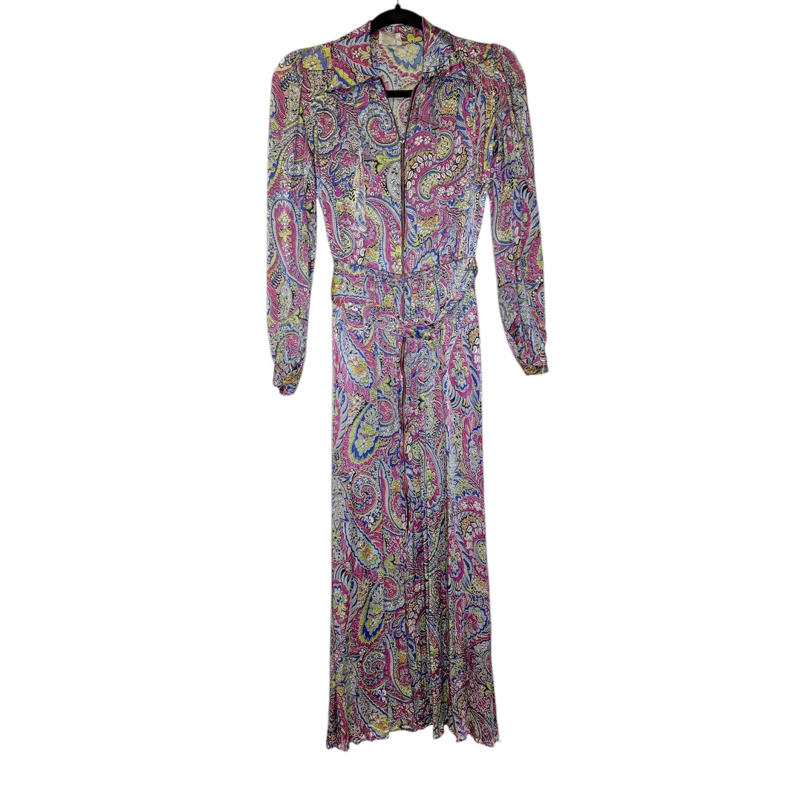 Vintage 70s Linda LA Psychedelic Paisley Dagger Collar Zip Maxi Dress XS