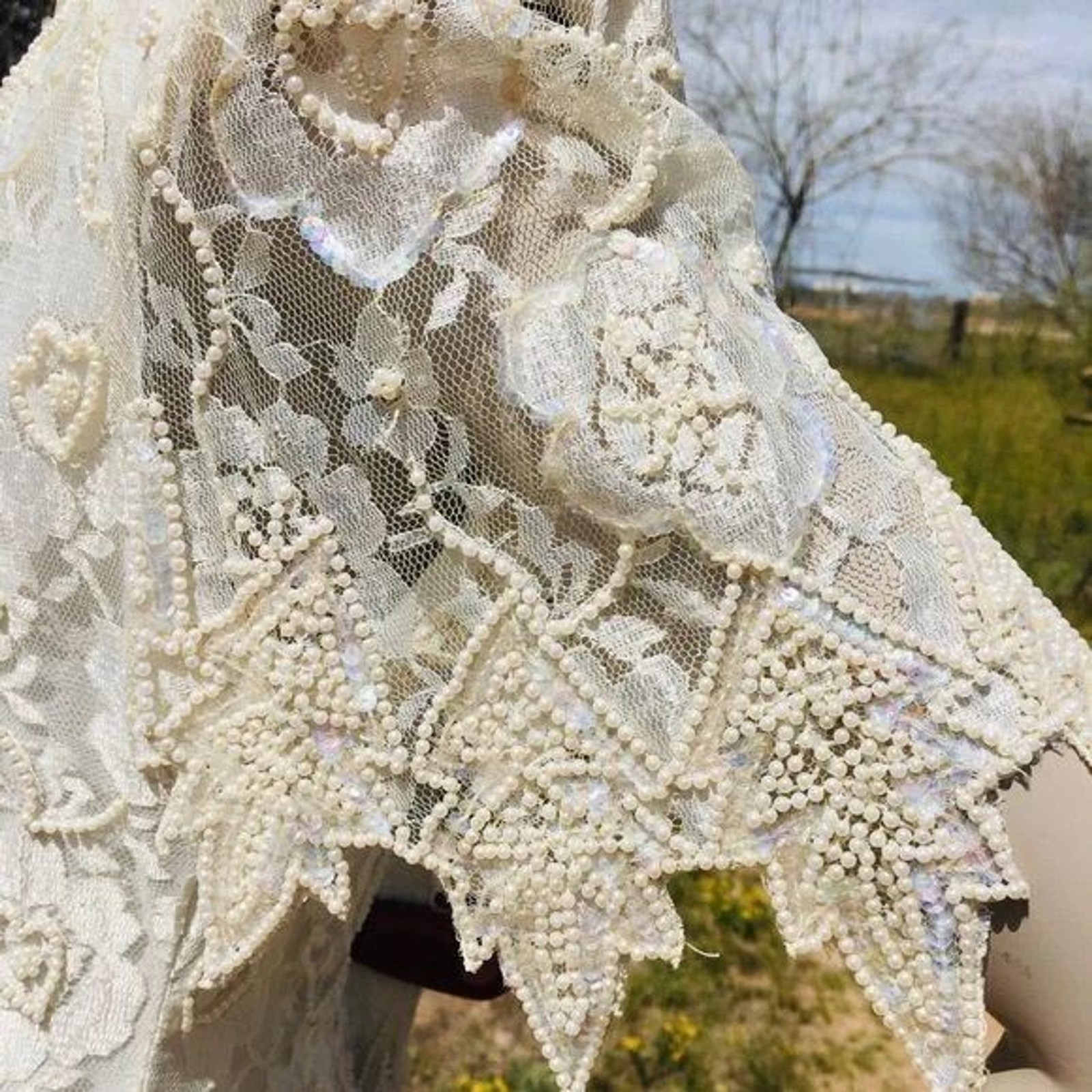 Vintage Laurance Kazar Creme Pearl Beaded Sequined Tiered Chiffon Formal Dress
