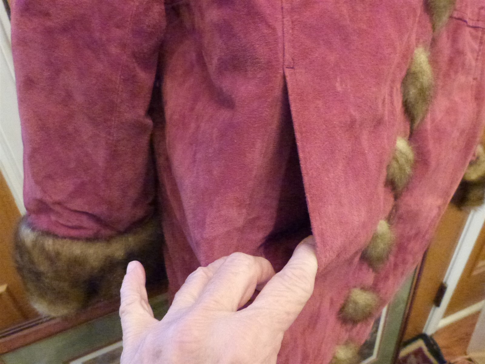 Dennis Basso suede coat vintage 1990s faux fur red Burgundy Maroon wine hood W L