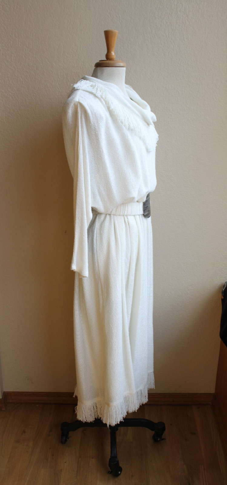 Vintage 80’s NWT Cream Knit Fringed Cowl Neck Dress M