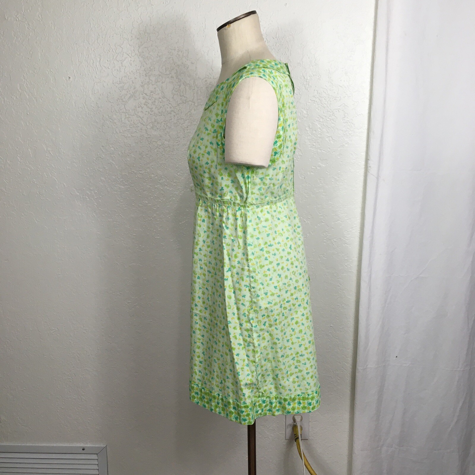 Vintage 1970 Handmade Dress Green Yellow Floral Ribbon Waistband Sleeveless 12