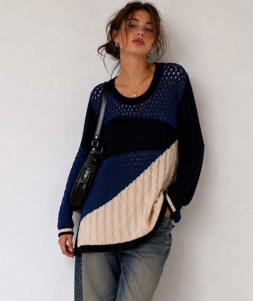 Vintage Jumper Crotchet Cable Knit Y2K Colour Block Sweater Soft Gen Z Grunge M