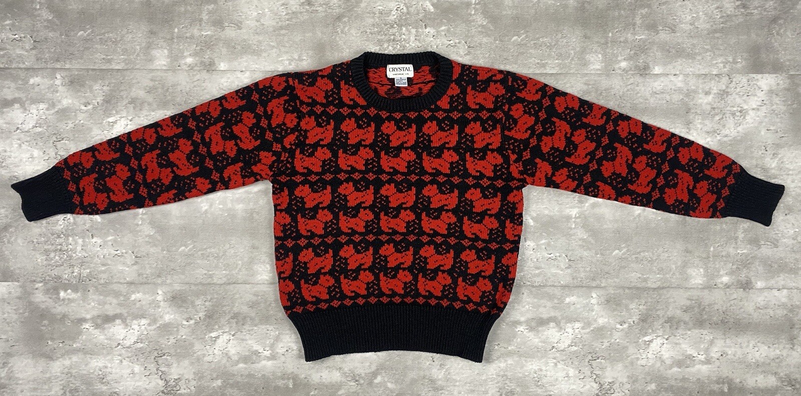 vintage 80s DOG ACRYLIC KNIT SWEATER CRYSTAL SPORTSWEAR TERRIER ALL OVER PATTERN