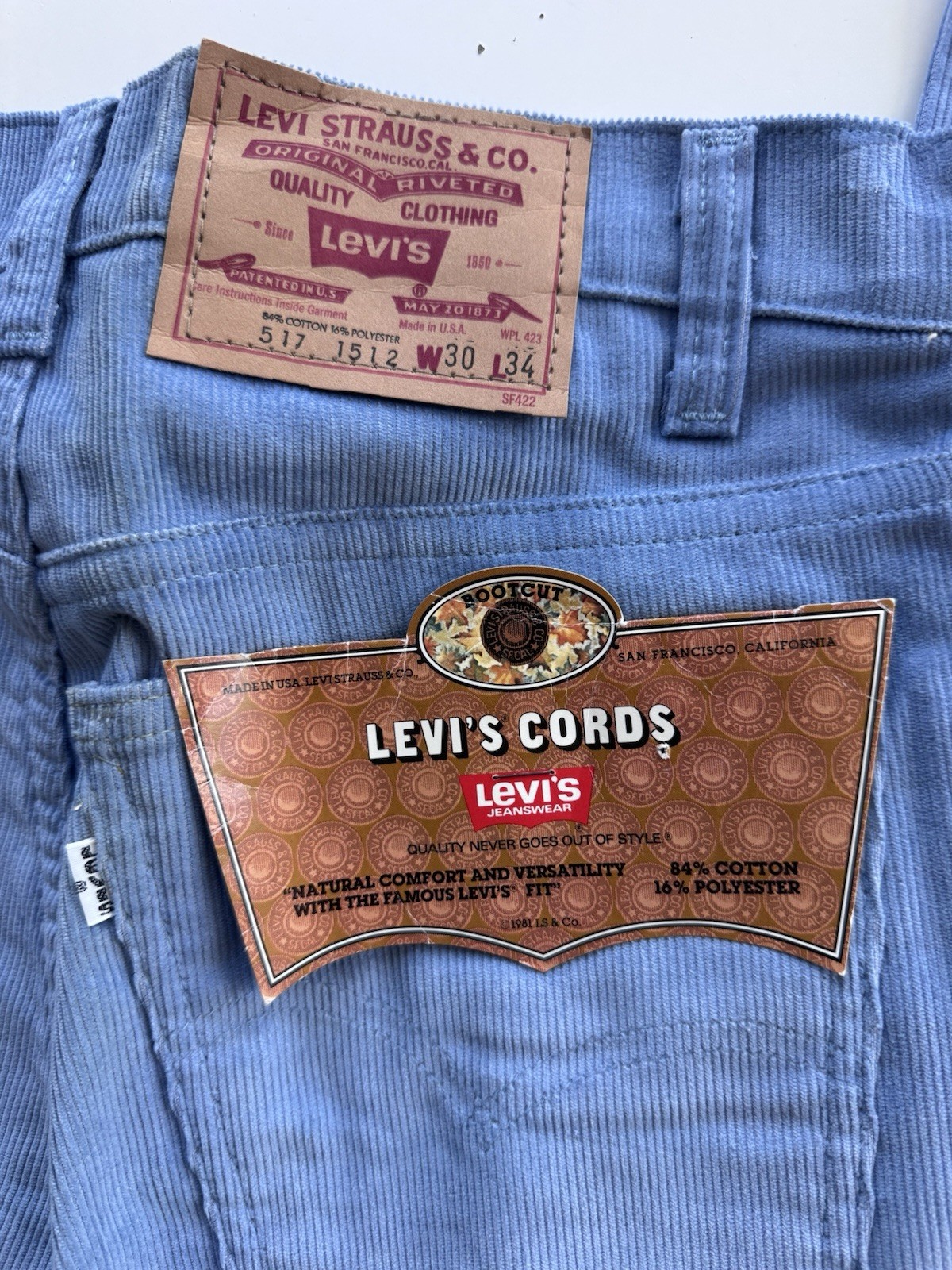 Vintage 70s 80s Levis 517 Corduroy Jeans Pants Cords Light Blue Zip USA 30 X 34