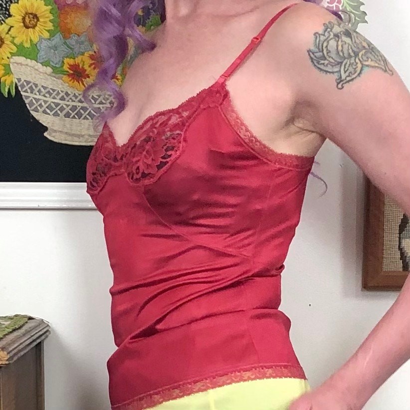 Vintage Dark Coral Camisole Top, 1970s Hand Dyed Lingerie Cami, Sz XS