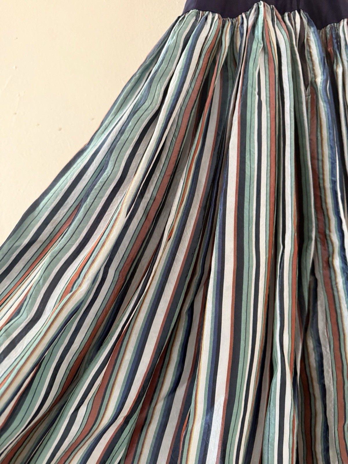 Vintage 40s Rayon Maxi Dress Ruched Bodice Colorful Striped Full Sweep Skirt XXS