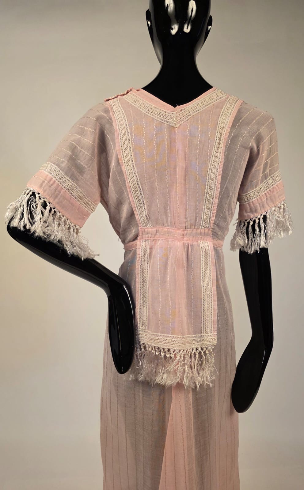 EDWARDIAN PALE PINK STRIPED MUSLIN DRESS W SILK TASSEL FRINGE TRIM