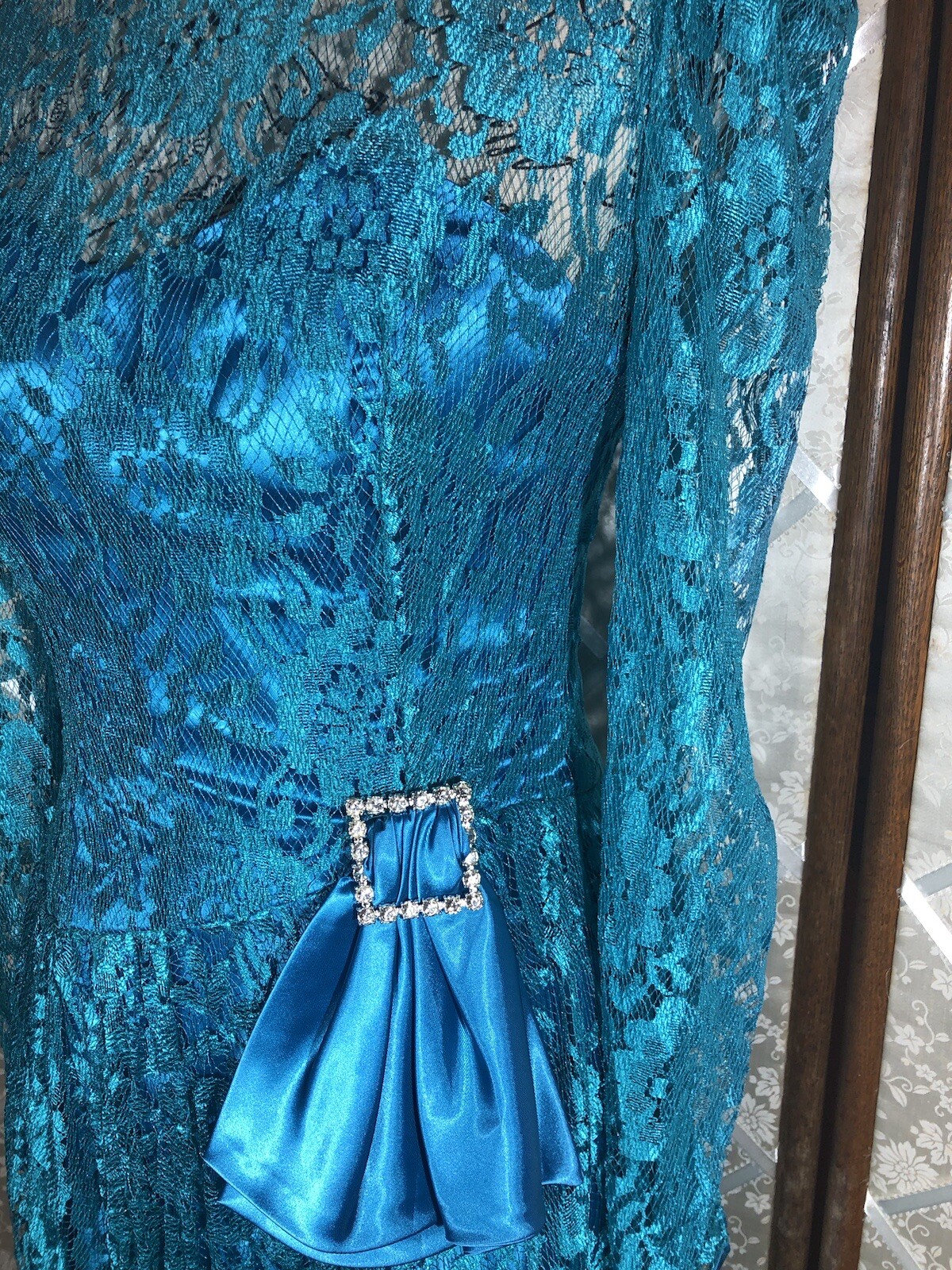 Vintage 80’s Lace Over Satin Teal Tea/Party Prom Dress Satin Bow Bling Sz 6 XS