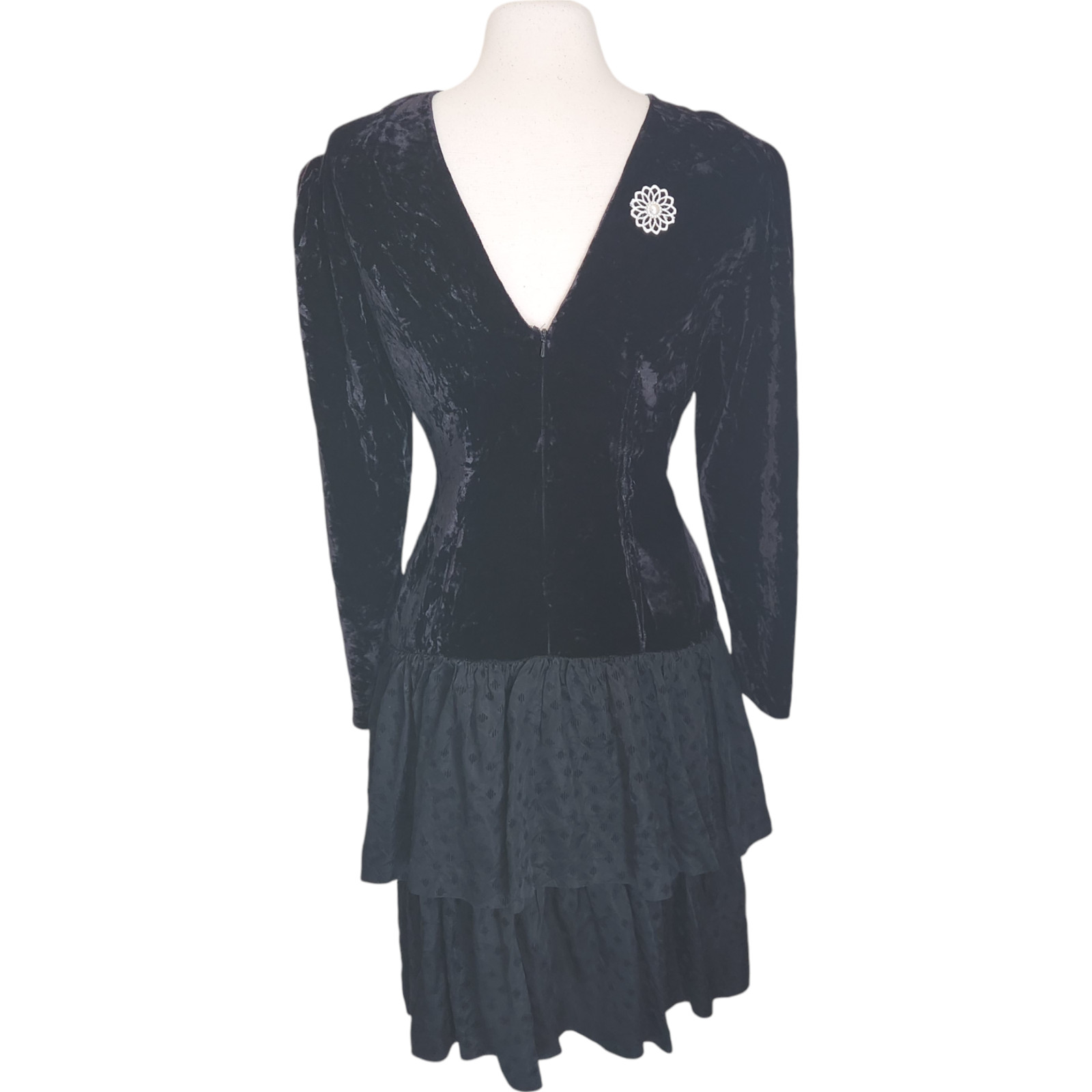 Vtg 80s Witchcore Black Velvet Dress 6 Drop Waist Ruffle Skirt Witchy Grunge