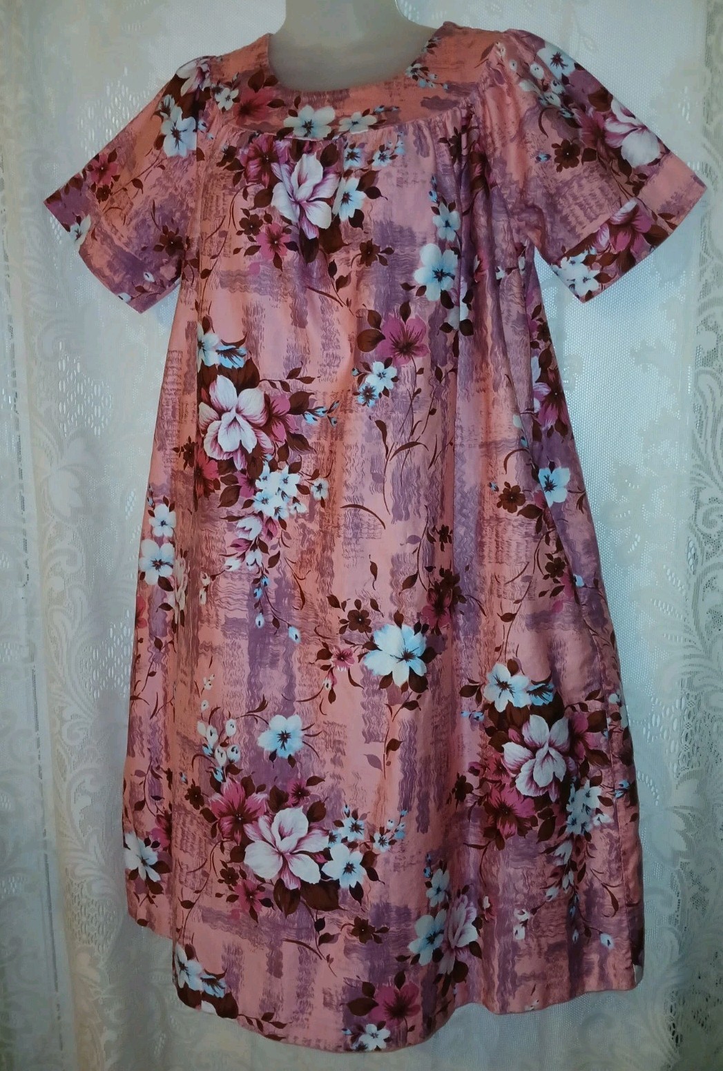 Vintage 70s Sears Hawaiian Pink Floral Cotton Muumuu Caftan Tiki Oasis Dress S