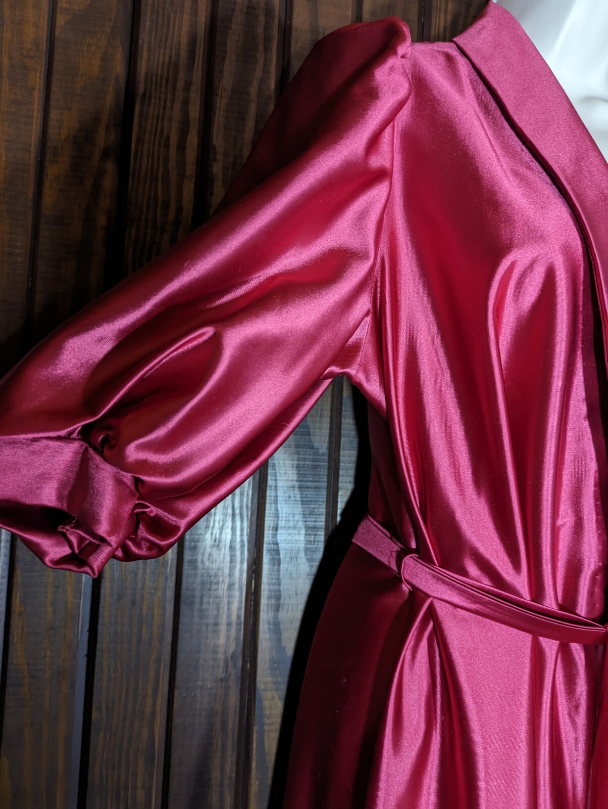 MISS ELAINE VTG 80Ss Rose Pink Satin Long Robe Puffy Sleeves Wrap Belt MED