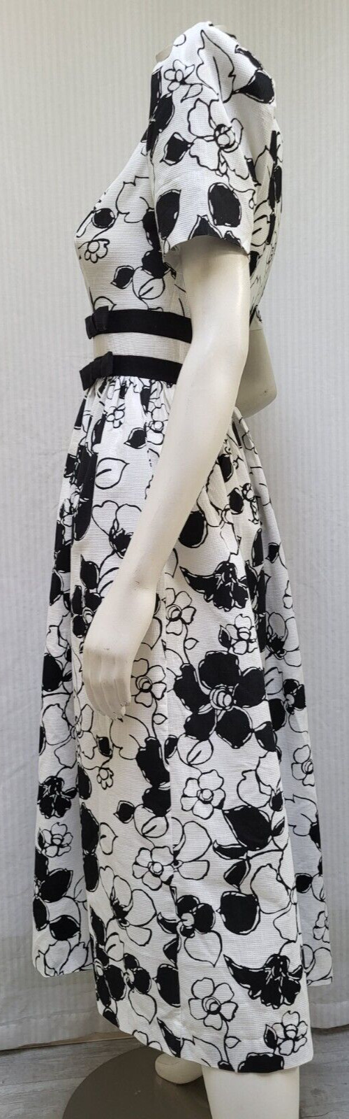 Vintage 80’s Melissa Black & White Floral Puff Sleeve Midi Dress – XS/S – EUC