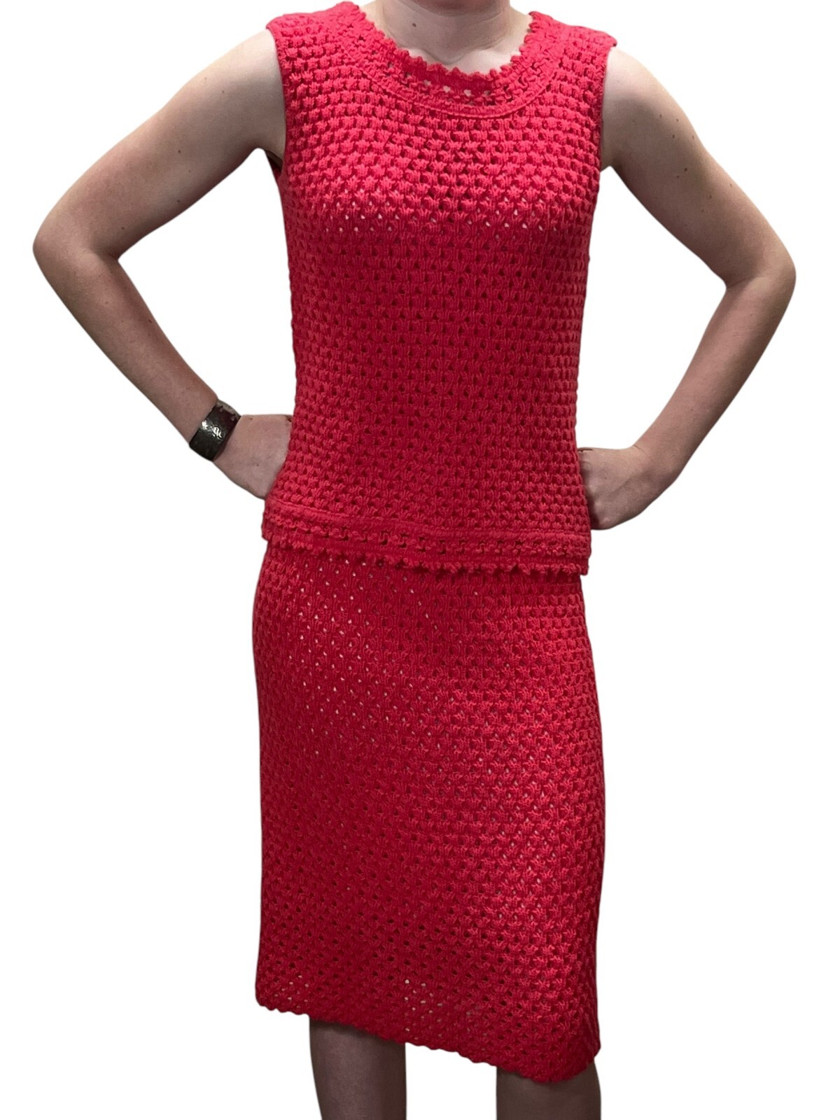 XS~ S Vtg 60s Coral 2 Pc Dress Set Open Knit Sears Acrylic Sweater Skirt Outfit