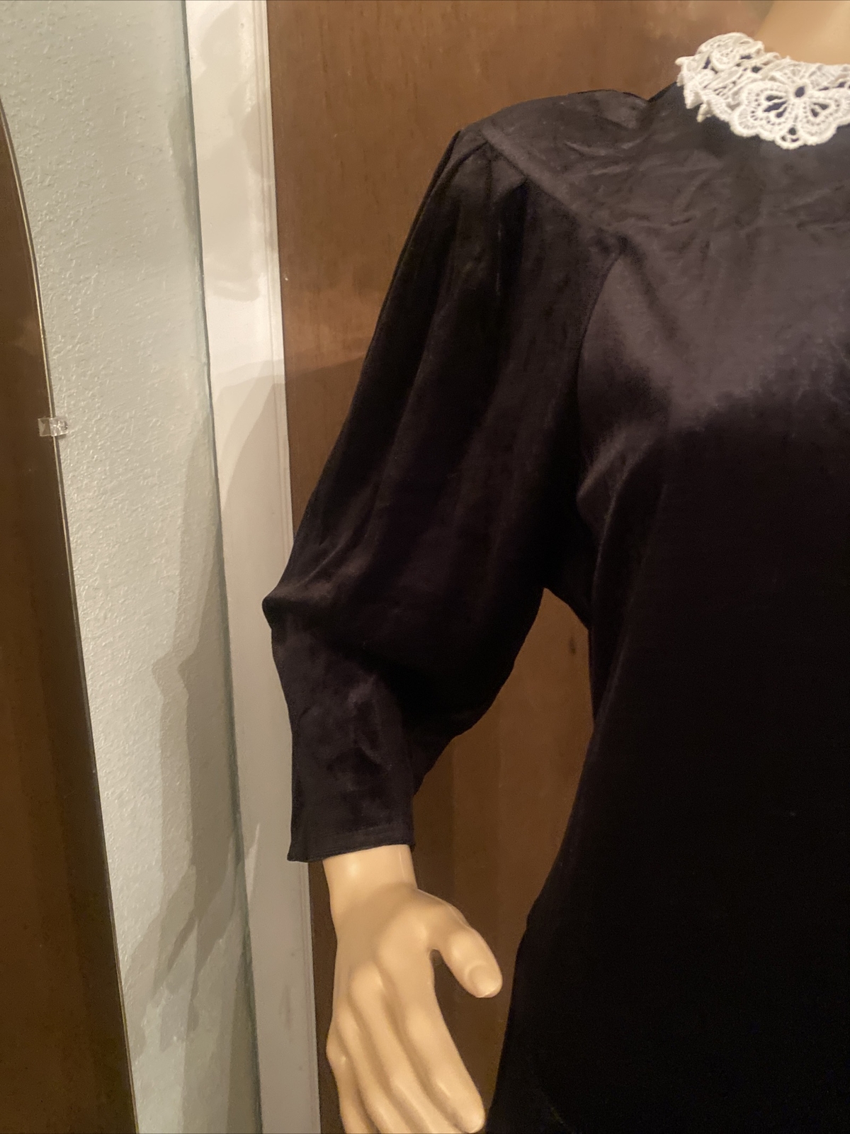Vintage Long Black Velvet Dress Lace Collar By Paquette Too! Size 12