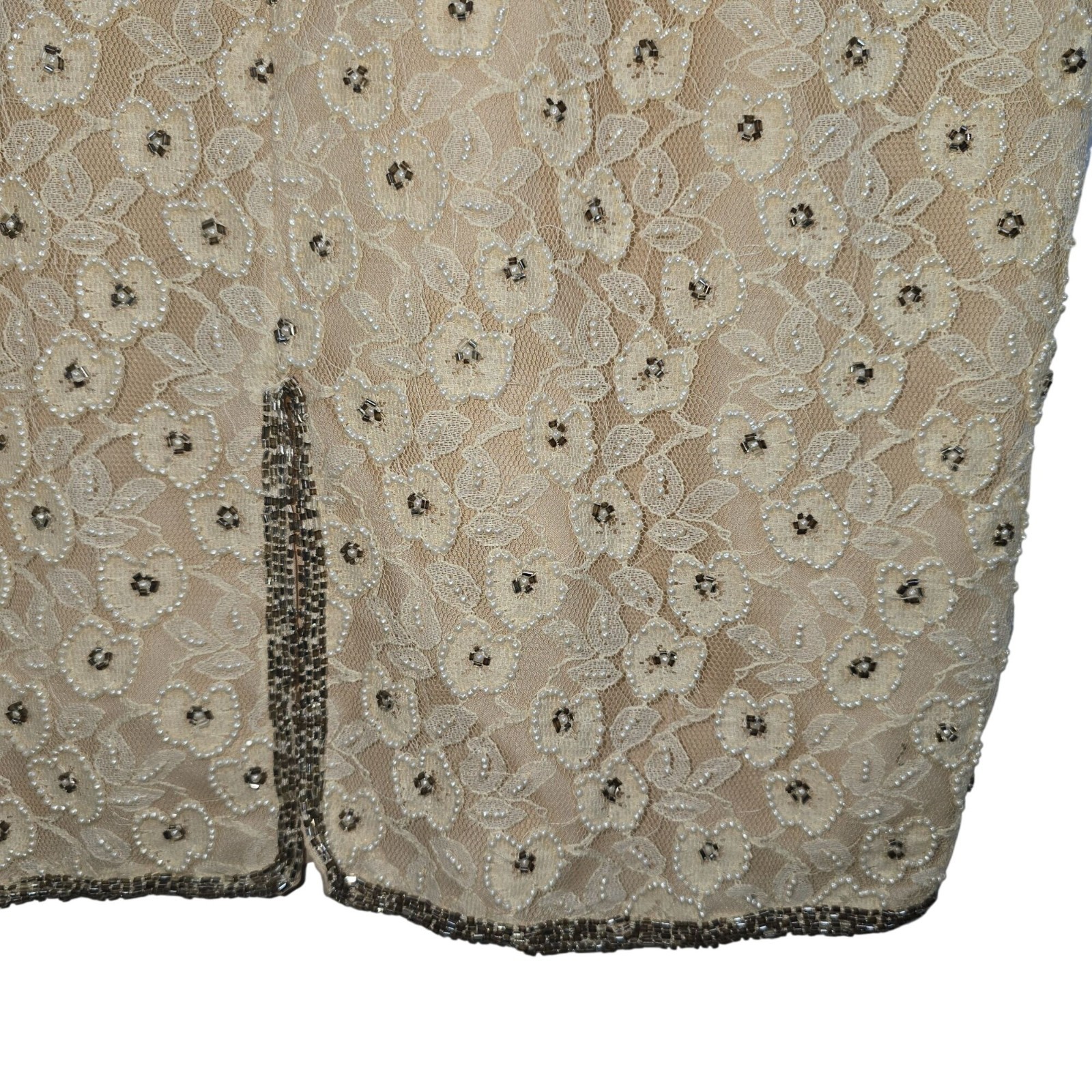 Vintage Stenay White Pearl Silver Bead Champagne Lace Mini Sheath Cocktail Dress