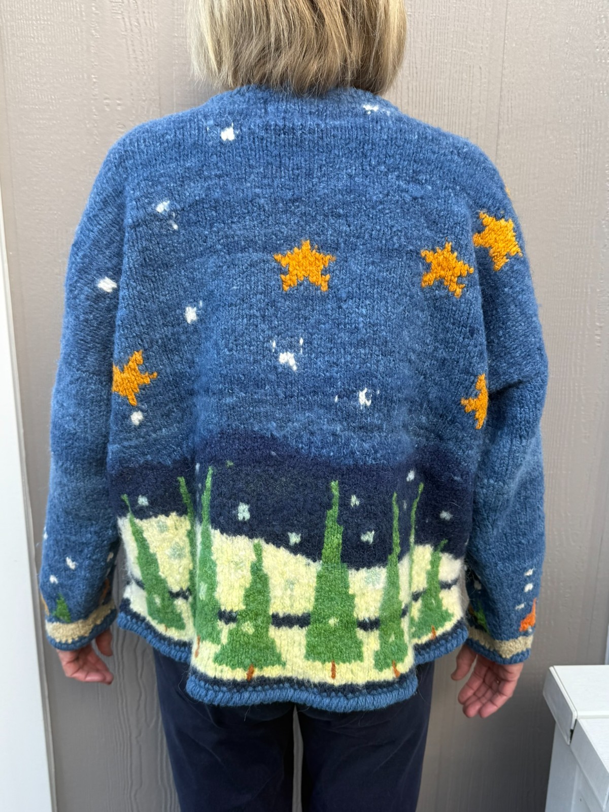 Vtg Amano Bolivian Wool Hand Knit Sweater Christmas Trees Stars Night Sky Aymara