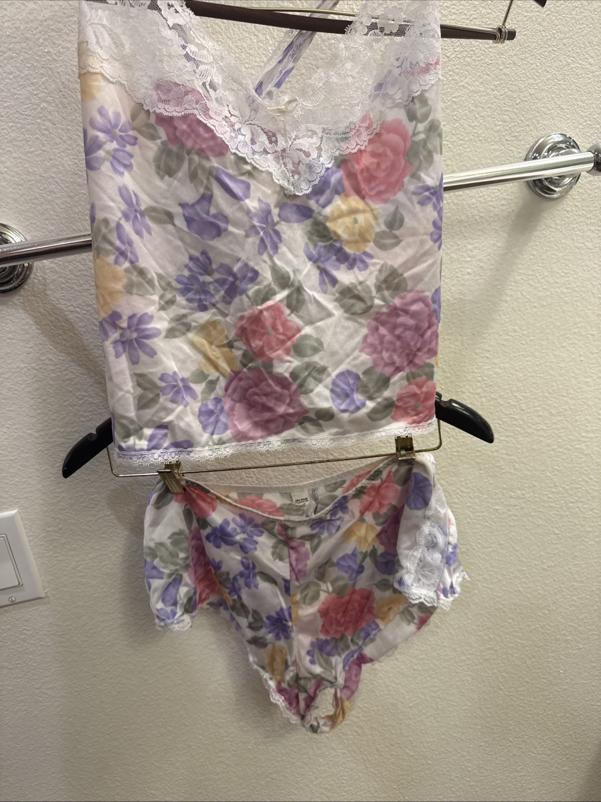 Vintage 2pc ASHLEY TAYLOR Floral Satin Nylon Camisole & Short Sleep Set LgUSA