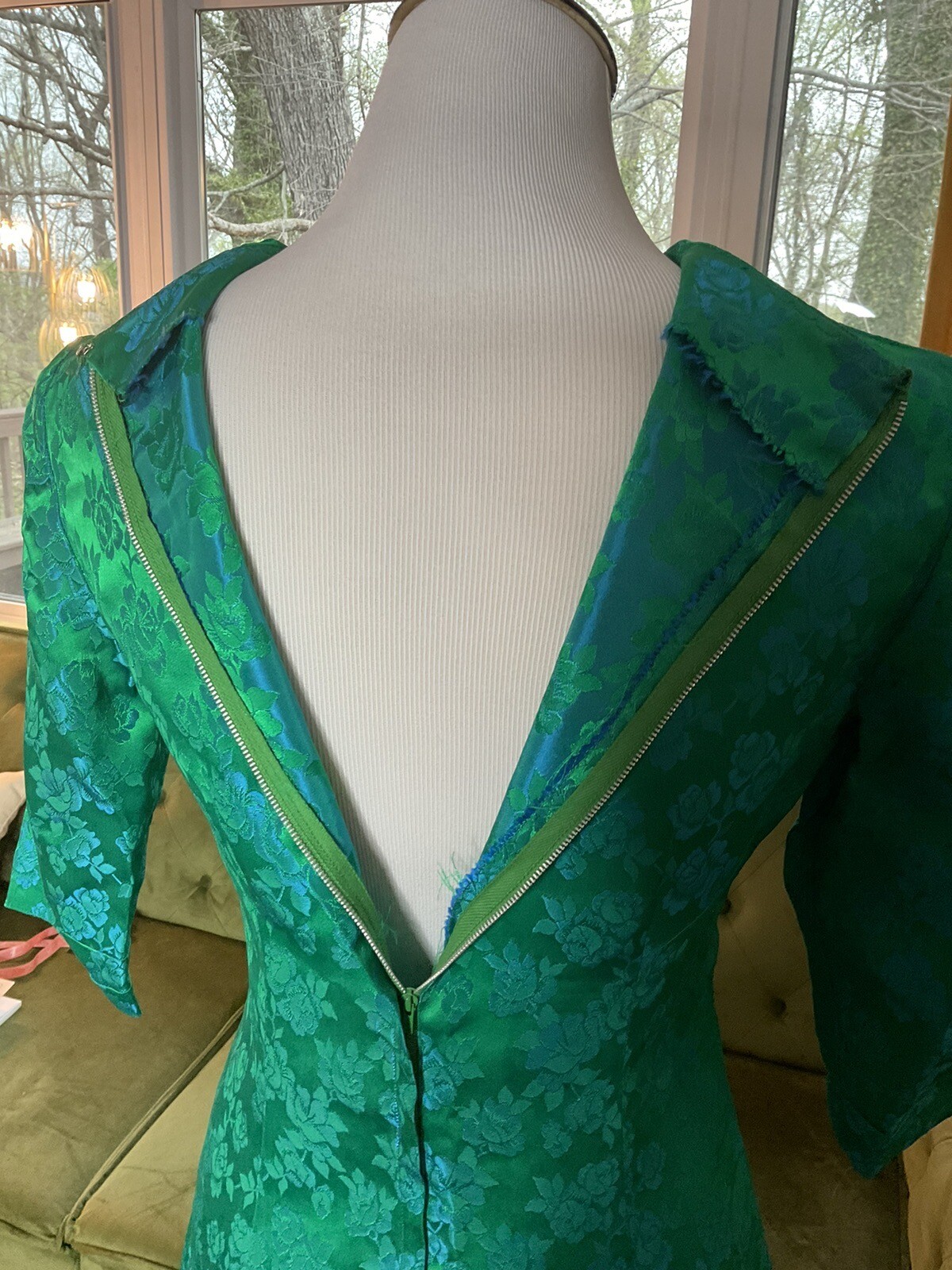 Womens Vintage 1960s Homesewn Blue Green Brocade Satin Gown Rose Floral Design