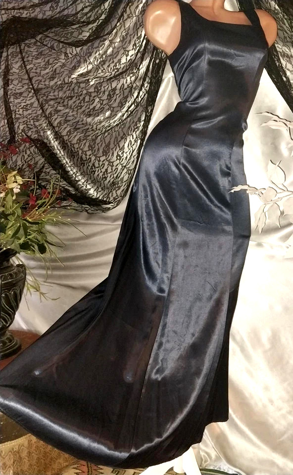 VTG SATIN SHINY RAYON DEEP BLUE SQUARE NECK MAXI DRESS JAZZ DECO CAGE BACK 5/6