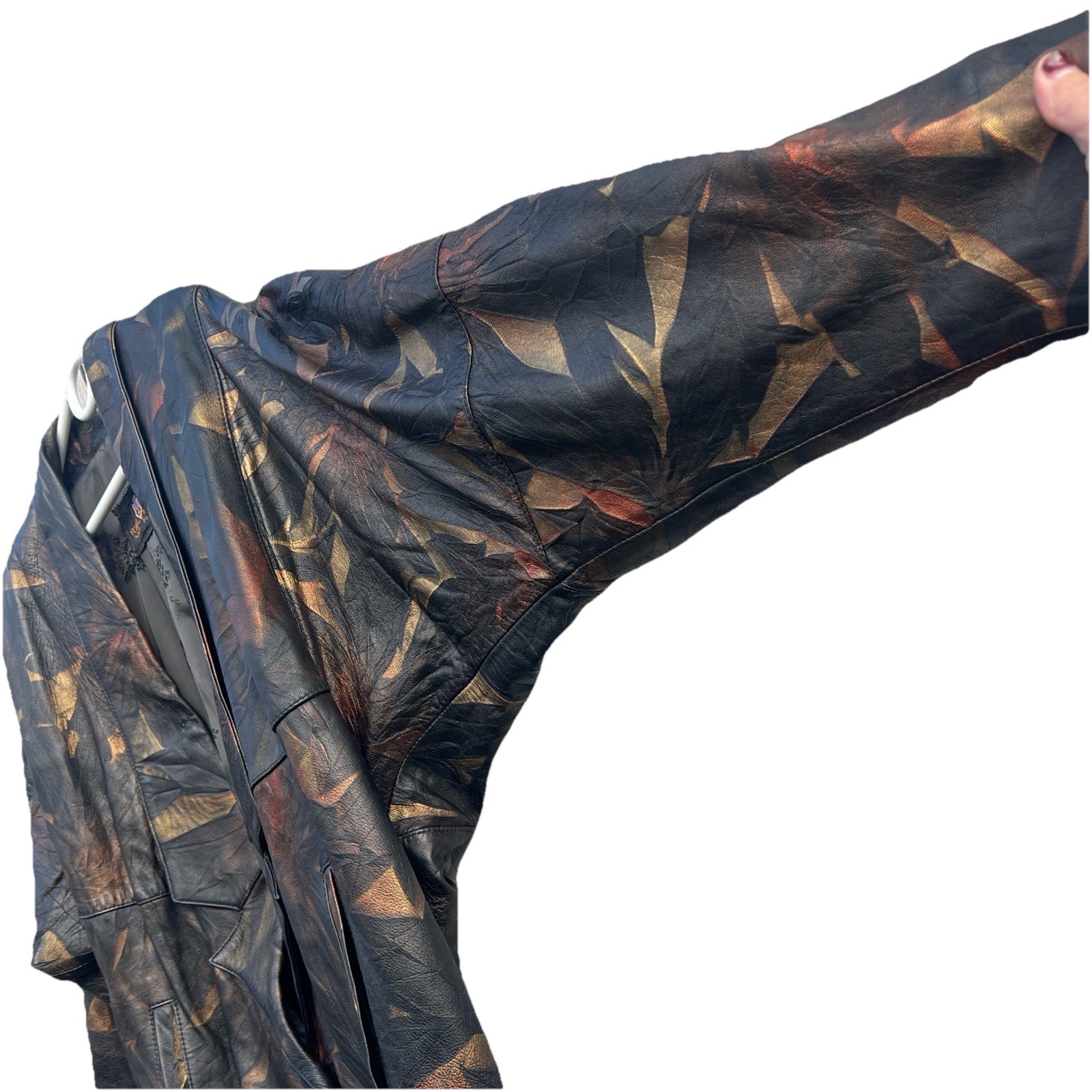 Vtg Leather Jacket Vural Styled By Erica Nef,Brown Gold, Abstract Leaf Pattern M