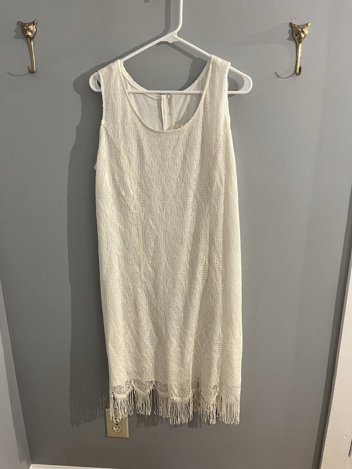Vtg Women’s 18W Dress Art Deco Flapper Ivory Mesh Lace Wedding Fringe Sparkle