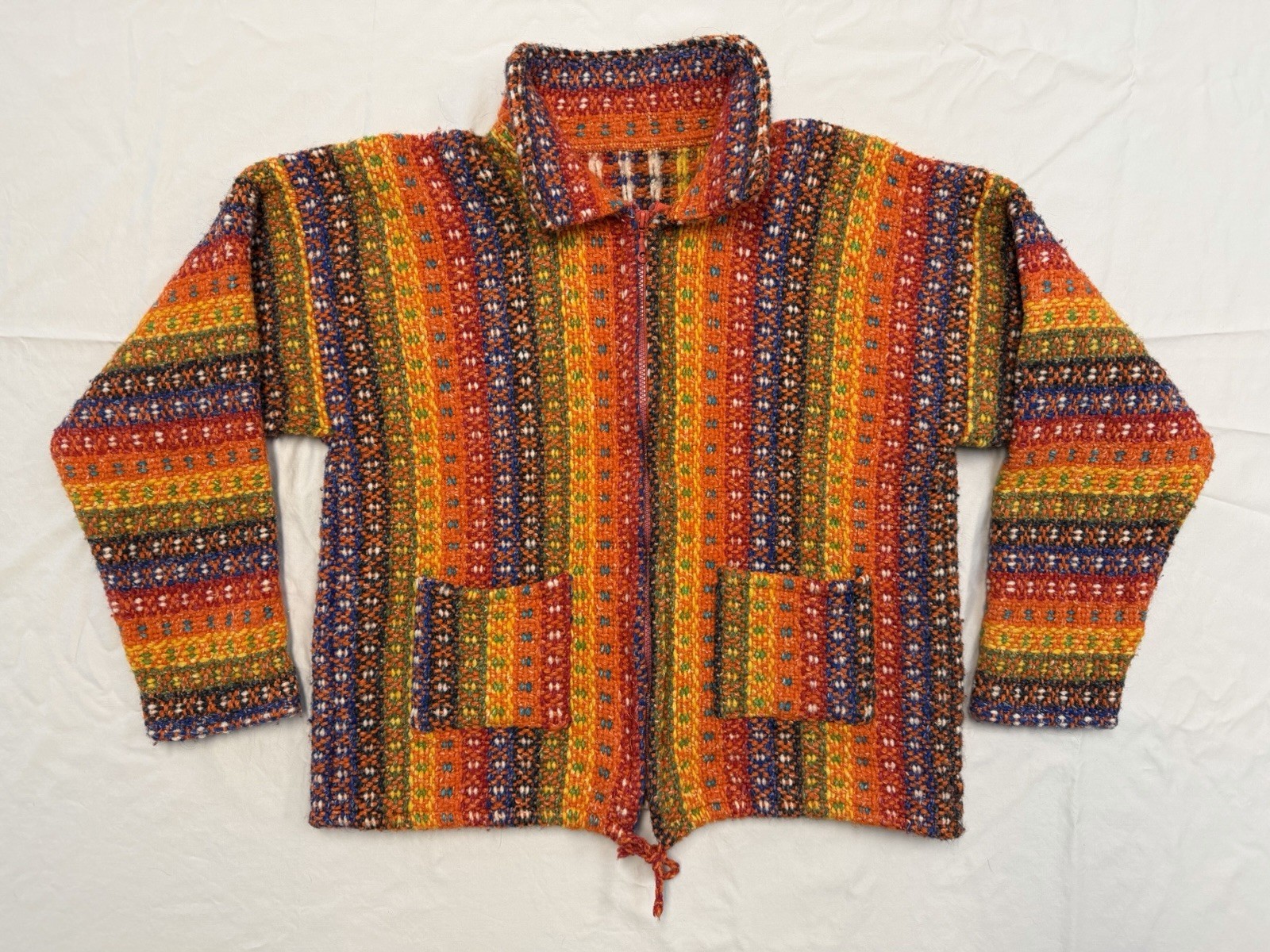 Ecuador Hand Knitted Full Zip Sweater Cardigan Handmade Rainbow Women’s SM / MED