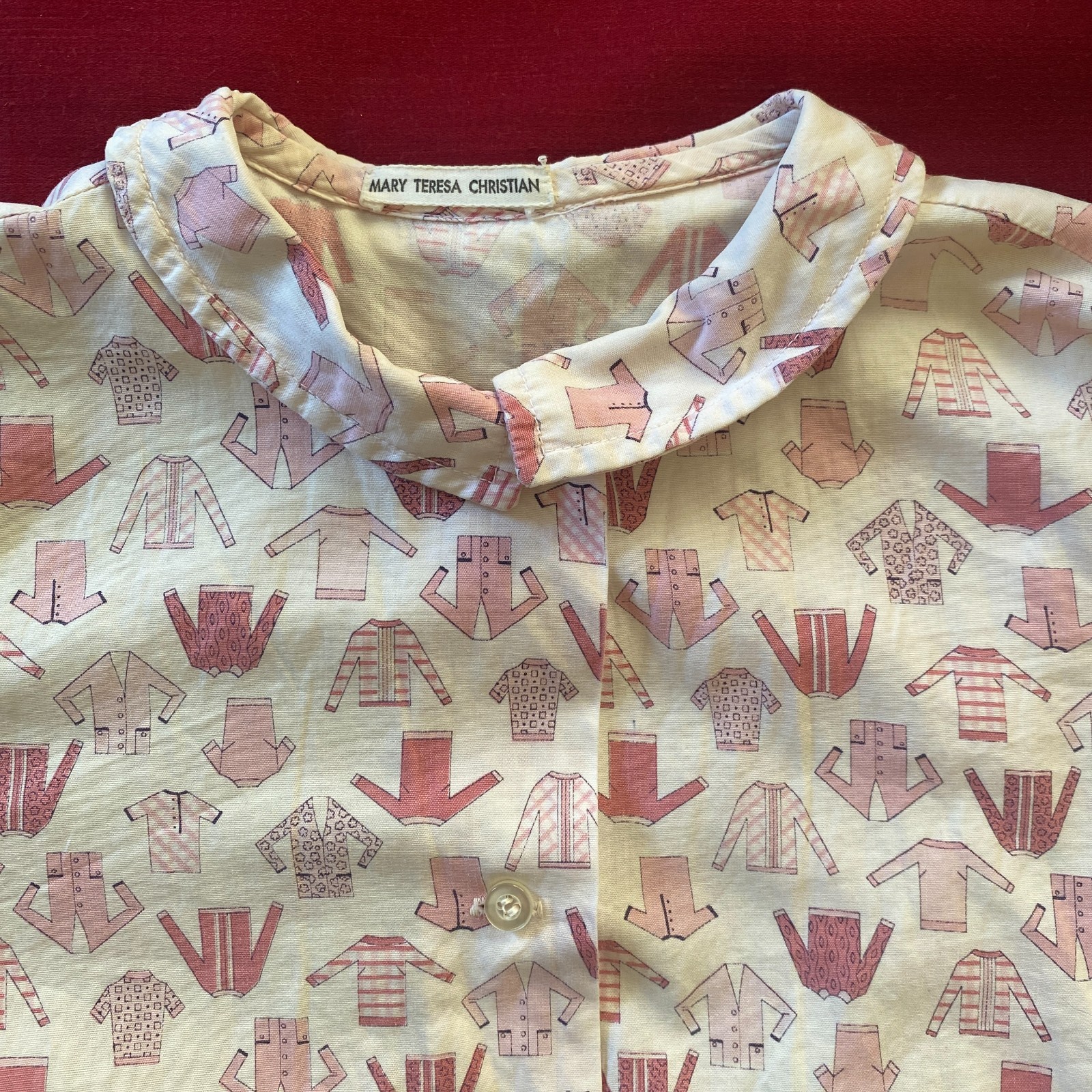 Vintage 1950s Pink White Novelty Print Cotton Crop Top Shirt Blouse Size XS